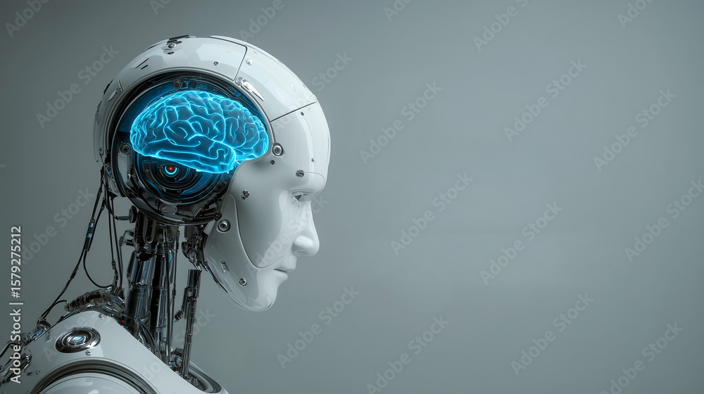Poster close-up of a humanoid robot with glowing blue brain representing artificial intelligence and cognit