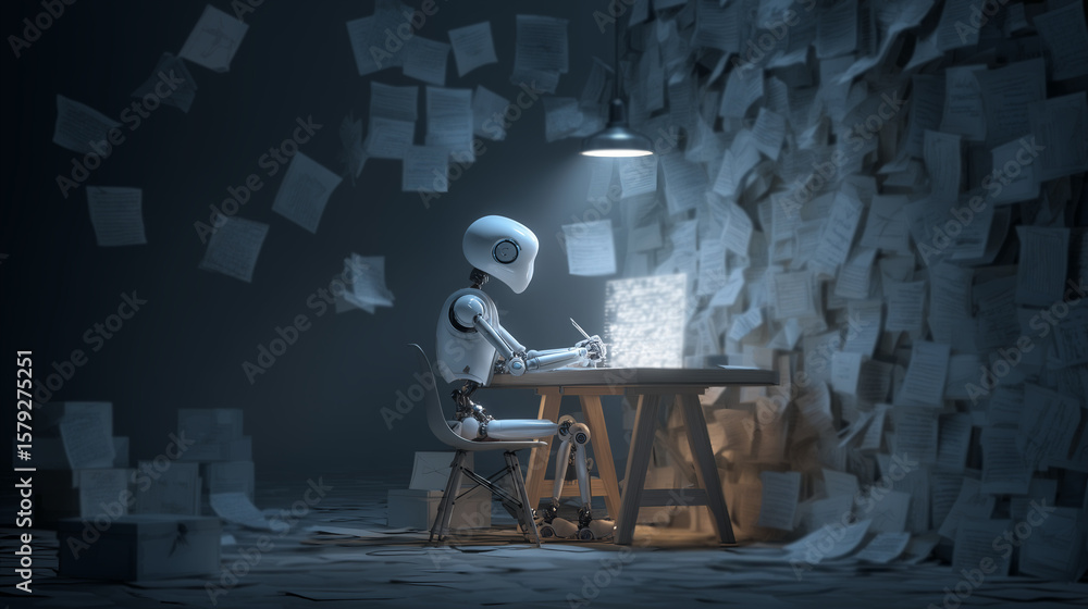 Poster diligent robot working at desk illuminated by screen light, surrounded by research documents and not