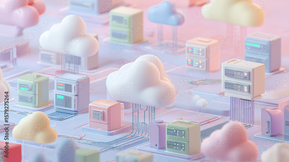 Poster pastel cloud computing network with servers and clouds in a soft dreamy aesthetic illustration