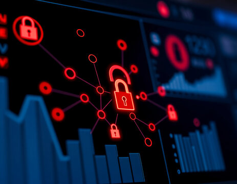 Cybersecurity Interface Displaying Red Luminous Lock Icons and Network Connections, Symbolizing Data Breach Alerts and Digital Security Threats