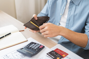 Debt financial concept, stressed problem people asian man, male hand open empty wallet not have...