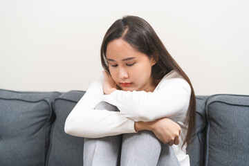 Sad, unhappy. Alone asian young woman, girl expression face thinking about problem, difficulty,...