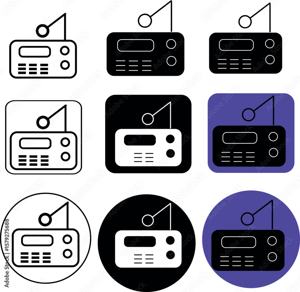 Poster a collection of nine radio icons in various styles shapes and color schemes presented on a white bac