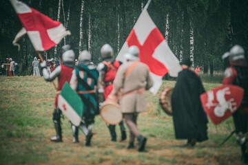 Bitwa pod Grunwaldem, średniowieczna bitwa z Krzyżakami, rekonstrukcja. Średniowieczne rycerstwo.