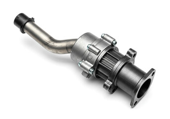 Silhouette of a Turbocharger Assembly with Compressor Housing, Turbine Section, and Inlet Pipes on White Background