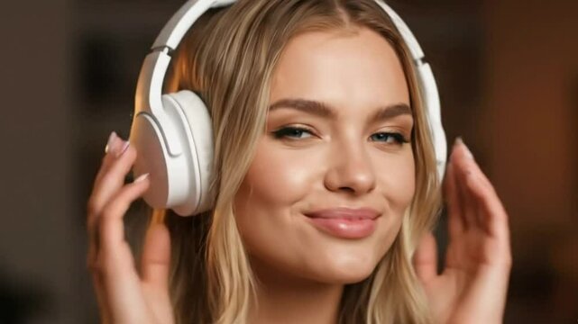 Blonde woman with white headphones puckered lips