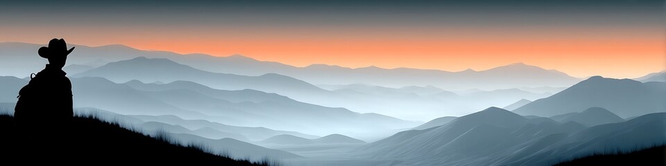 Obraz premium Silhouette of a person in a cowboy hat overlooking misty mountain ranges at sunset