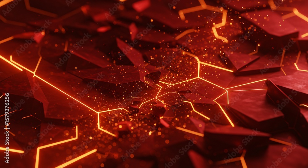 Fototapete Abstract red background with glowing lines and geometric shapes creating a dynamic composition