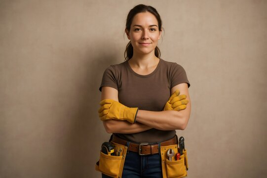Portrait of a female construction worker or handyman smiling with arms crossed wearing a tool belt and gloves