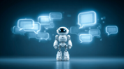 Cute White Robot with Floating Blue Holographic Speech Bubbles: AI Communication, Chatbots, and Future Technology