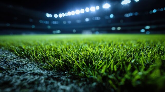 High-quality photo of green grass macro in sports arena with lights background. Close up of soccer field lines. Background soccer lawn grass football stadium ground view. - Powered by Adobe