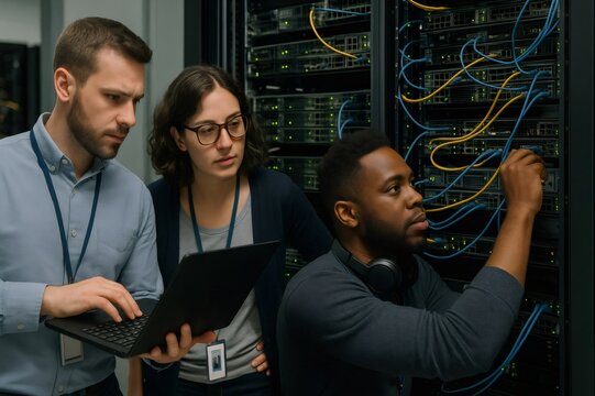 Diverse team of IT experts collaborating on server maintenance in a data center, focusing on network cables and laptop diagnostics
