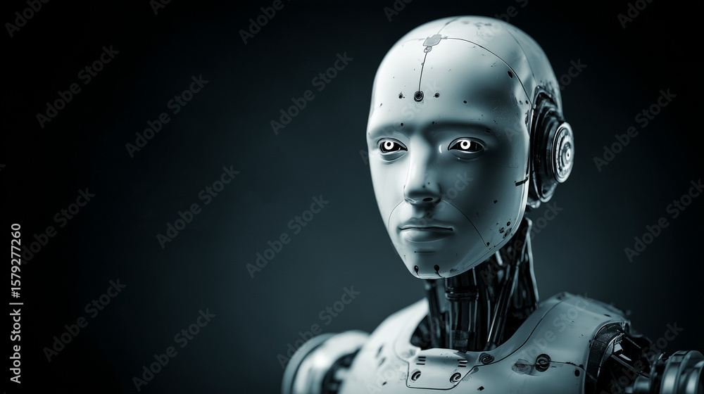 Poster intense close-up of a humanoid robot with glowing red eyes on a dark background: artificial intellig
