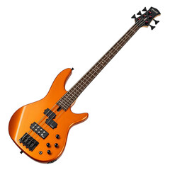 Obraz premium A shiny orange bass guitar with black hardware and a light colored fretboard on a white background