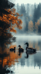 Mother Duck Leading Ducklings Through a Calm Pond Wallpaper