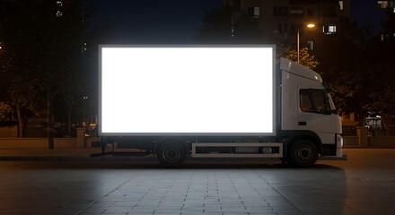 Illuminated Advertising Truck at Night in Urban Environment – Blank Billboard Mockup