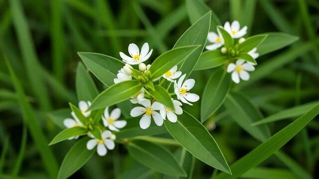 Close Up View Of Small White Flowers With Green Leaves and Grass Background
