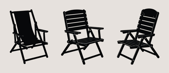 Fototapeta premium Three Black Wooden Folding Outdoor Chairs