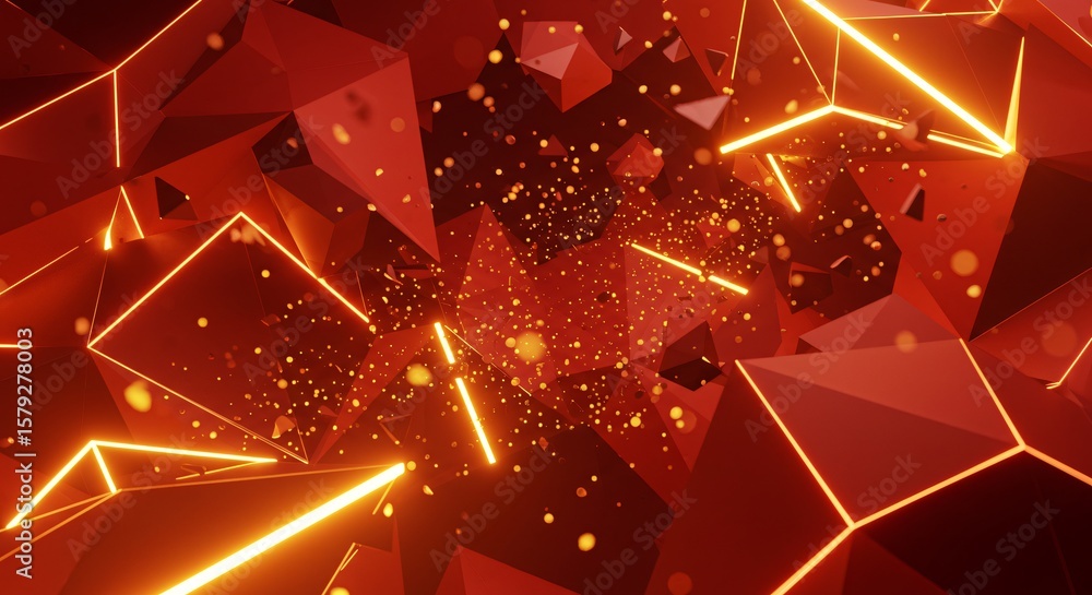 Poster a red abstract background with geometric shapes and glowing lines and many small light particles