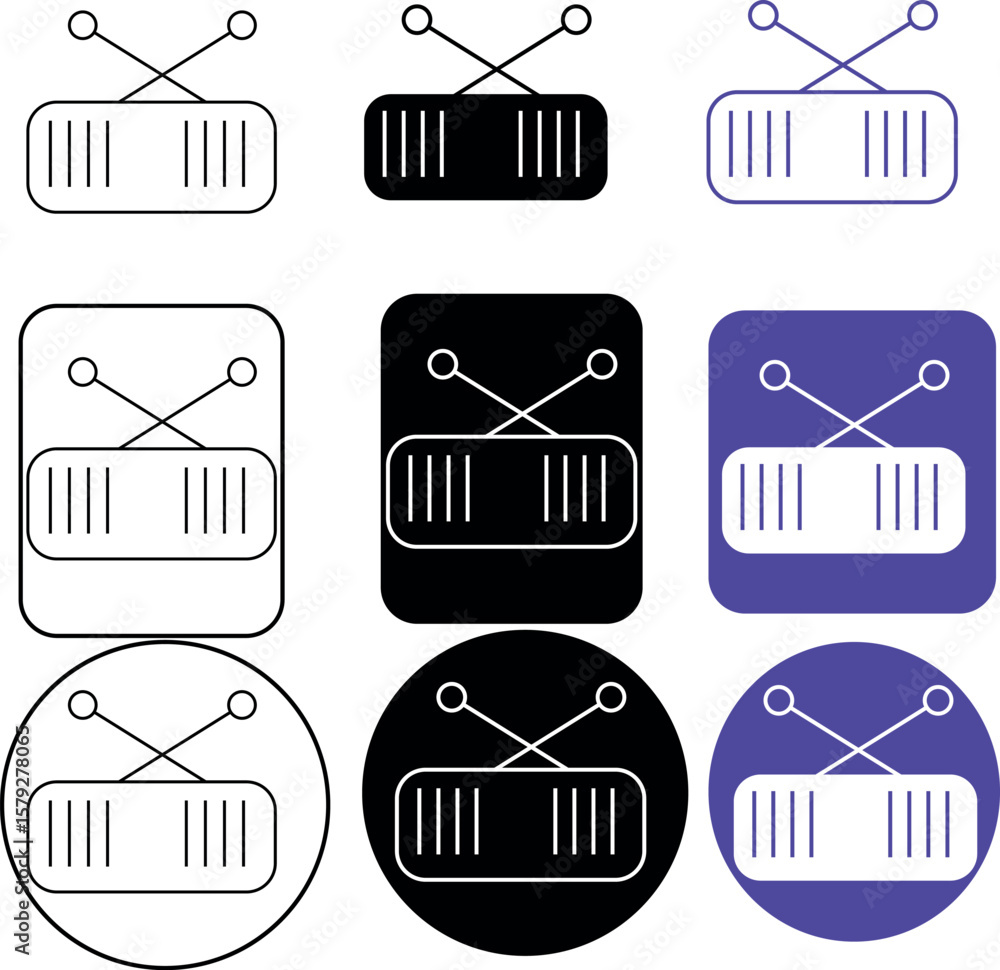 Poster a collection of nine stylized radio icons in various shapes and colors arranged in a grid pattern de