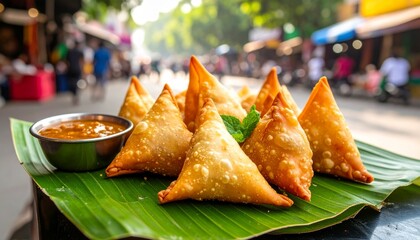 Golden, crispy samosas arranged on a banana leaf, with a side of spicy sauce, in a bustling street market.