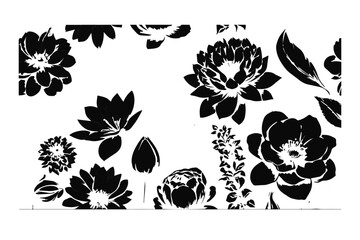 Elegant black and white floral silhouette pattern with various blooming flowers and leaves, perfect for textile prints, wallpaper, or decorative design use