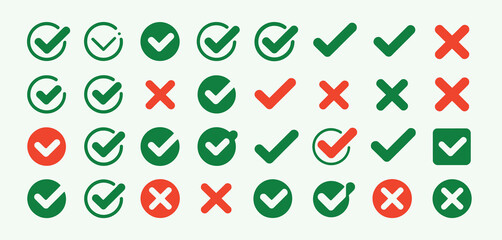 Set of Check and X Icons in Green and Red