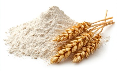 A mound of fine, off-white flour sits beside three stalks of ripe, golden wheat against a stark white backdrop