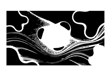 Black and white abstract fluid art with organic swirling shapes and dynamic flowing lines creating a minimalist modern design background