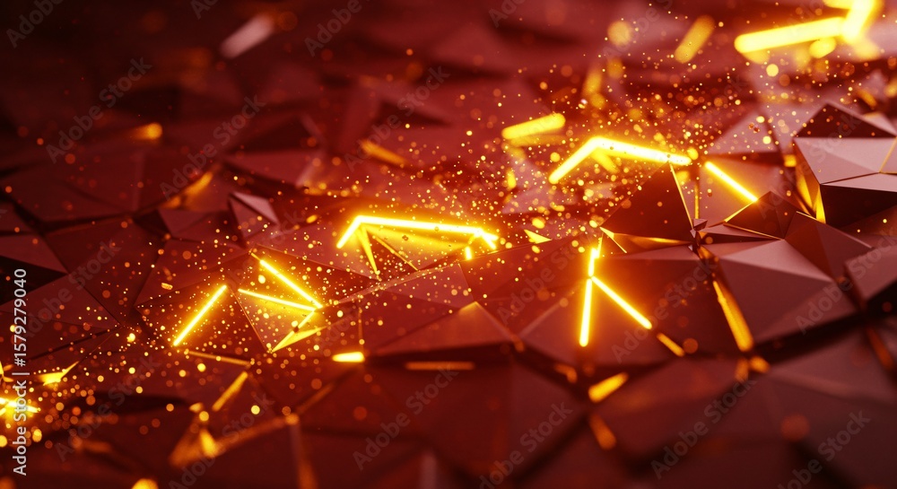 Poster abstract geometric background with glowing orange lines and particles in a dark red color scheme