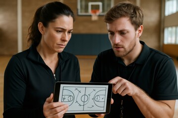 Two basketball coaches intensely discuss strategies using a digital tablet on an indoor court, focusing on improving team performance