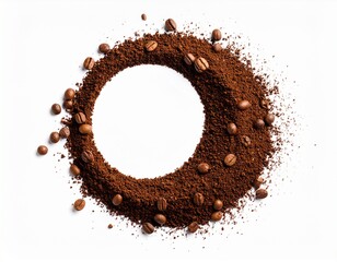 Coffee grounds and beans form a perfect circle on white. This rich visual representation captivates with coffee's aroma.