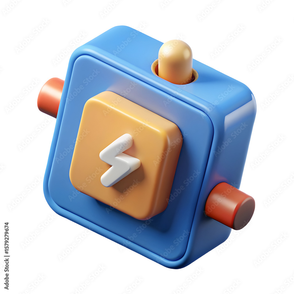 Poster blue cube with orange button and lightning bolt isolated on a transparent background
