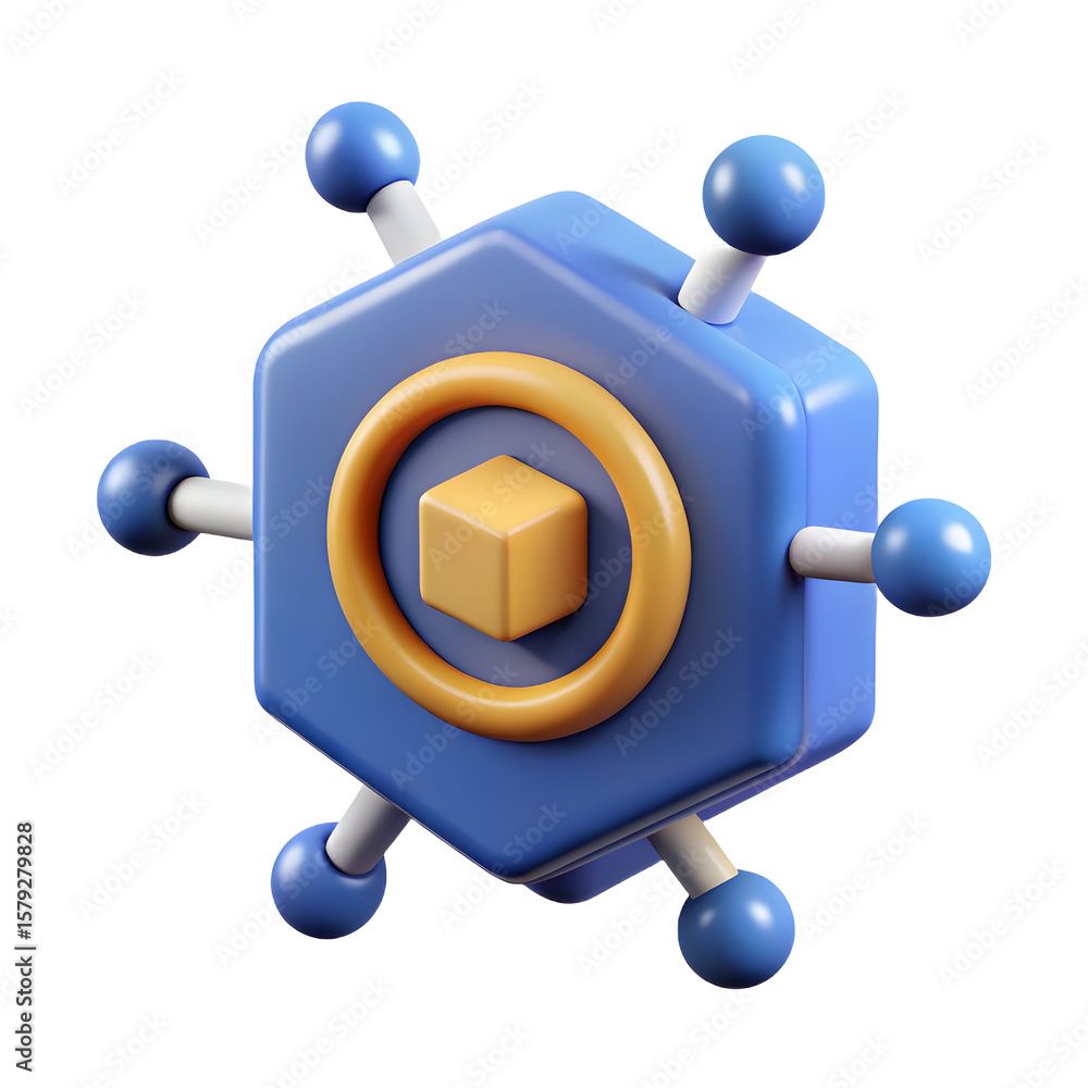 Poster blue hexagonal structure with orange ring and cube isolated on a transparent background