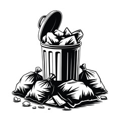 Overfilled Trash Can with Garbage Bags and Debris