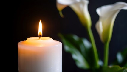 Candle's Gentle Glow and the Serene Beauty of White Calla Lilies in Peaceful Darkness