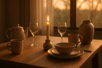 Warm candlelight illuminates a wooden table set with elegant ceramic tableware and glassware, creating a cozy and inviting atmosphere