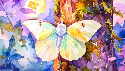 Watercolor Luna Moth Under Moon's Glow