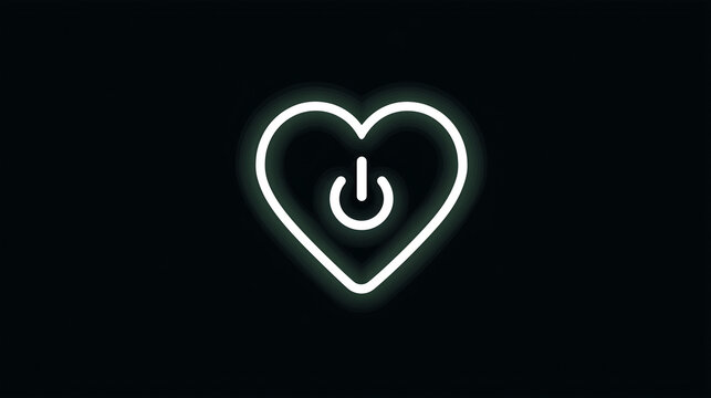 Minimalist Glowing Neon Heart with Power Button Symbolizing Digital Love, Connection, and Modern Technology