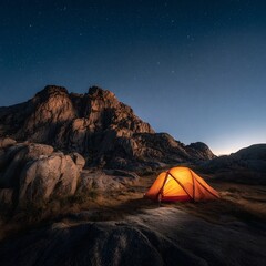 Illuminated tent glows warmly beneath a starry sky in a rugged mountain landscape