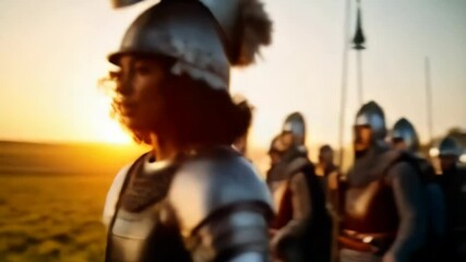 Medieval soldiers in armor stand ready for battle on the field, a woman leads the ranks of warriors with helms and spears, period costumes, historically dressed.