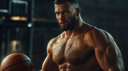 Sweaty muscular basketball player portrait intense workout training fitness motivation athletic build sport silhouette