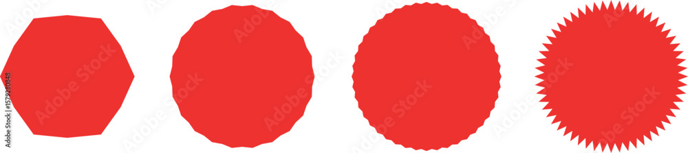 Poster a sequence of red shapes transitioning from hexagon to circle to spiky circle on white background