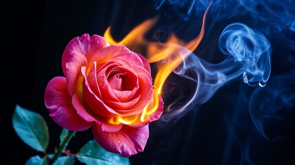 Burning pink rose with flames and smoke on black background