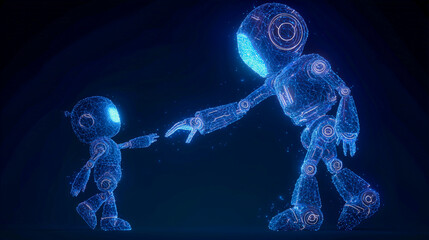 Child Interacting with a Glowing Blue Holographic Figure Symbolizing Future, AI, and Human-Technology Connection