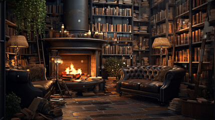 Cozy Library Interior with Burning Fireplace Leather Sofas and Bookshelves Filled with Antique Books Warm Lighting and Snowflakes Falling