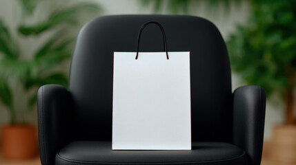 Employee birthday small office party, White paper shopping bag with black handles black leather chair with blurred plants