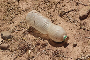A close-up of a plastic bottle lying on the ground