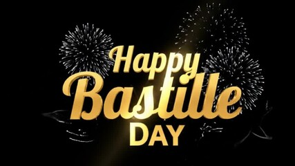 Gold Happy Bastille Day text against black backdrop with firework bursts - Powered by Adobe