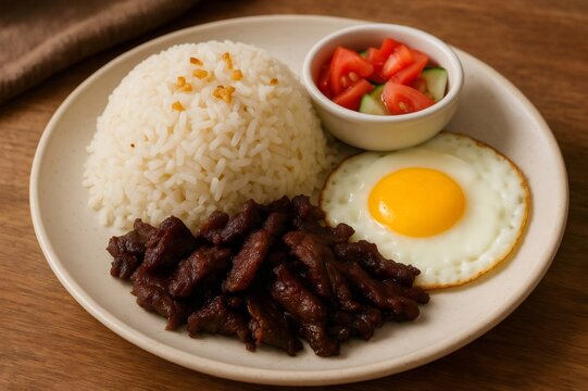 Delicious Filipino silog breakfast featuring garlic rice, fried egg, and savory marinated meat, served with fresh tomato and cucumber slices